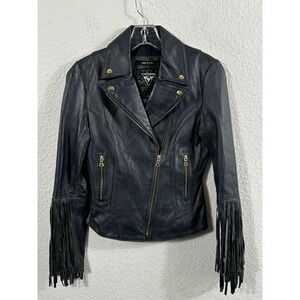 Noize Jacket Womens XXS Navy Blue Leather Moto Fringe Motorcycle